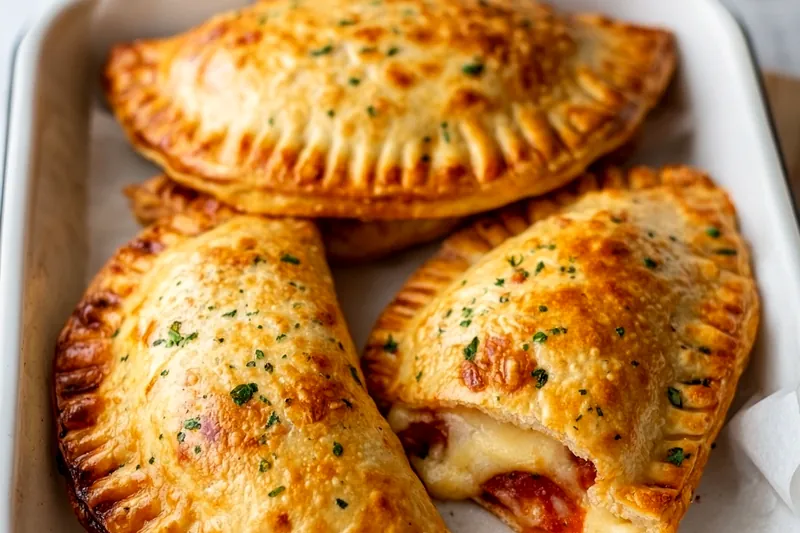 Air fryer calzones cooking in the air fryer basket, showing golden-brown crispy exteriors developing during the cooking process