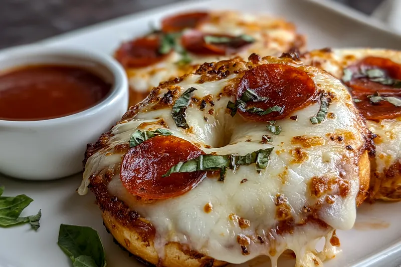 Pizza bagels cooking in an air fryer basket, showing the cheese beginning to bubble and turn golden brown