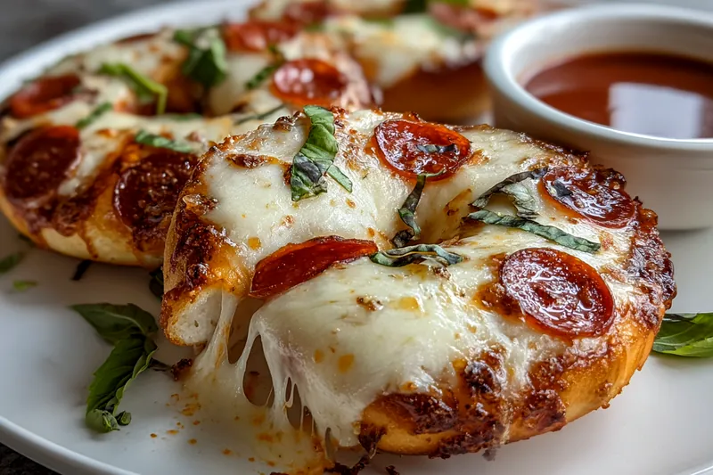 Bagel halves, pizza sauce, various cheeses, pepperoni, and vegetables arranged on a counter ready for air fryer preparation