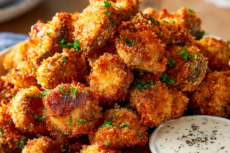 Close-up of golden-brown breaded mushrooms being cooked in air fryer basket showing crispy texture development with visible ranch seasoning
