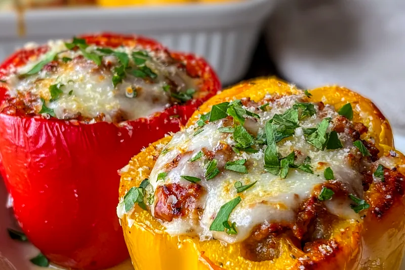 Alfredo sausage stuffed peppers in a baking dish, showing the creamy filling and melted cheese topping during the final baking stage
