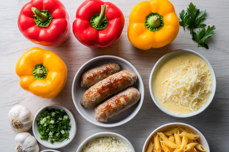 Fresh bell peppers, Italian sausage, heavy cream, cheeses, rice, and seasonings arranged on a marble countertop ready for preparation