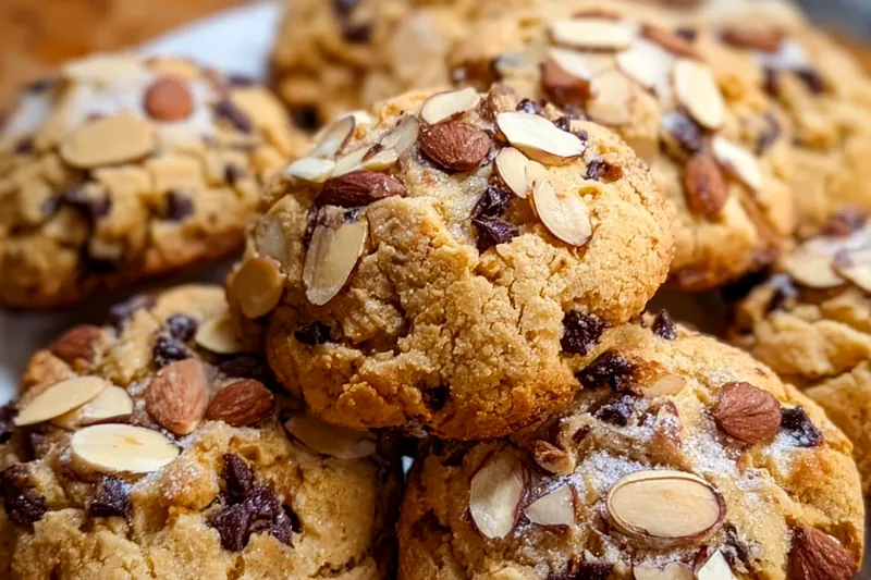 Cookie dough being mixed in a stand mixer with chocolate chips and toasted almonds being folded in, showing the proper consistency