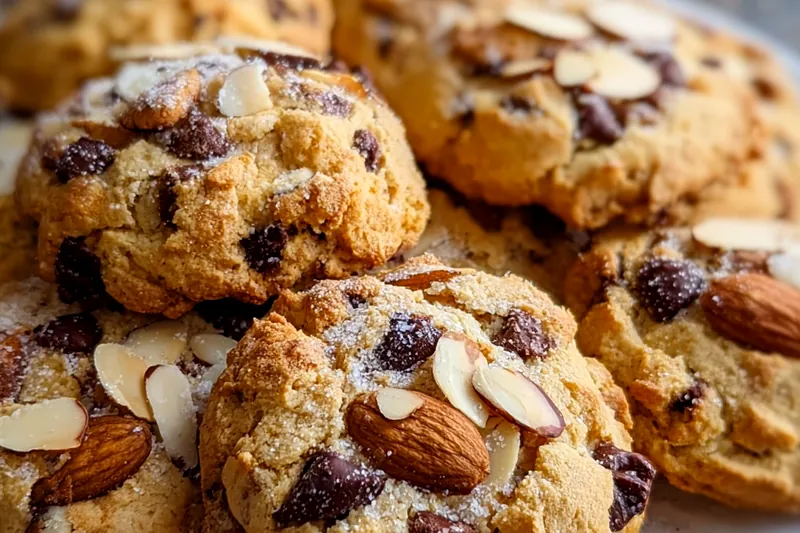 Baking ingredients for almond chocolate chip cookies including flour, butter, eggs, brown sugar, chocolate chips, and toasted almonds arranged on a marble counter