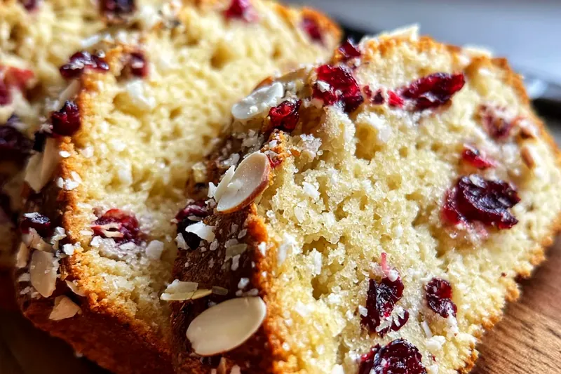 Mixing bowl showing almond flour cranberry bread batter with wooden spoon, cranberries visible throughout the golden mixture