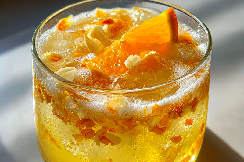 A colorful assortment of ingredients for Tropical Amaretto Punch Delight, including fruits and juices.