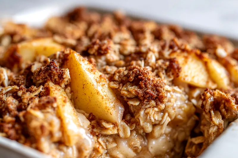 Amish-style apple cinnamon baked oatmeal in a glass baking dish showing golden-brown top with visible apple pieces and nuts