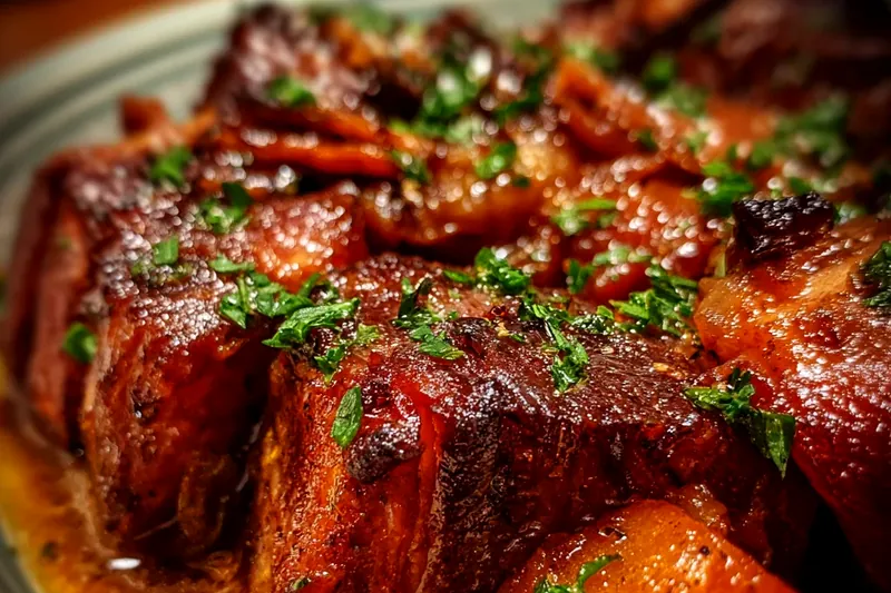 Pork shoulder pieces browning in a Dutch oven with golden caramelized edges, aromatic vegetables sautéing, and apple cider being poured into the pot creating steam