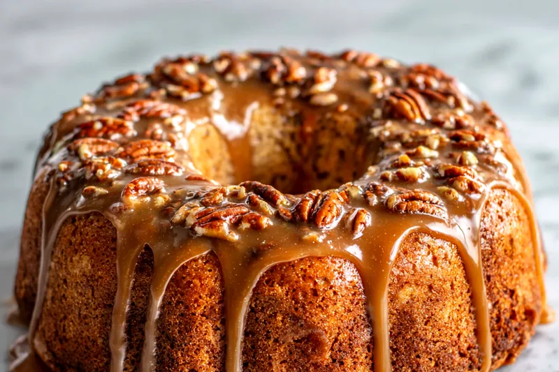 Apple pecan cake batter being poured into a prepared baking pan, showing chunks of fresh apples and pecans throughout the thick batter
