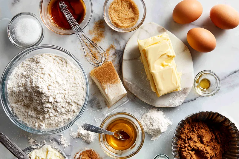 Baking ingredients for apple pecan cake including fresh Granny Smith apples, pecans, flour, sugar, eggs, and warm spices arranged on a wooden surface