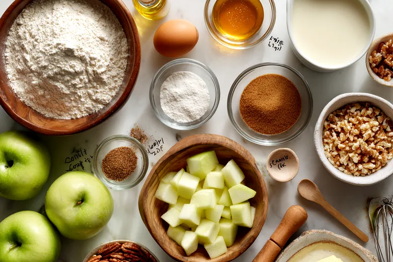 Overhead view of organized ingredients including diced apples in a wooden bowl, small bowls of brown sugar, cinnamon, flour, butter, milk, eggs, and chopped pecans arranged on a marble surface