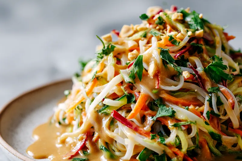 Overhead flat lay of fresh ingredients arranged on a white marble surface: pile of dried white rice noodles, mound of shredded purple cabbage, bright orange julienned carrots, red bell pepper strips, pale green cucumber matchsticks, bunch of green onions, fresh cilantro sprigs, small glass bowls containing sesame oil, rice vinegar, soy sauce, creamy peanut butter, golden honey, fresh ginger root, garlic cloves, toasted sesame seeds, and chopped roasted peanuts