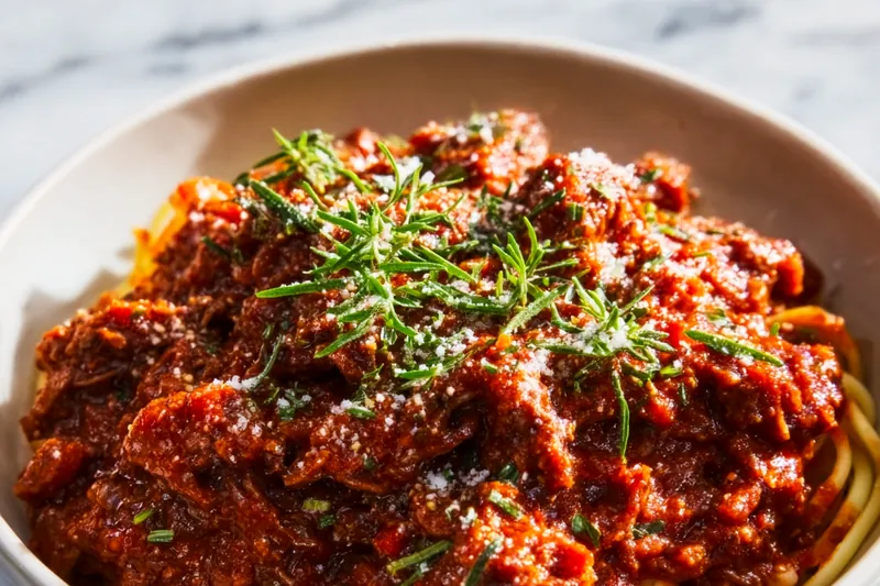 Close-up action shot of Bolognese sauce simmering in a large Dutch oven, showing the rich, thick texture with visible meat and vegetables, steam rising, wooden spoon resting on the edge, stovetop visible in soft focus
