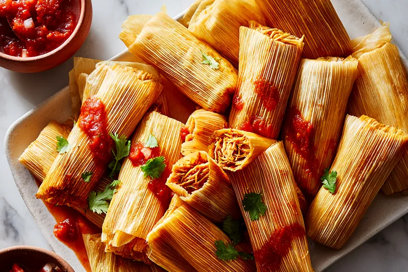 Tamales standing upright in a large steamer pot with steam rising, covered with a kitchen towel, showing the traditional steaming method