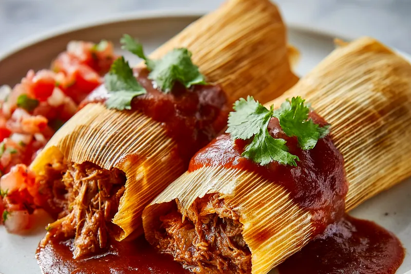 Traditional tamale ingredients including dried corn husks, masa harina, pork, dried chiles, lard, and spices arranged on a rustic wooden table