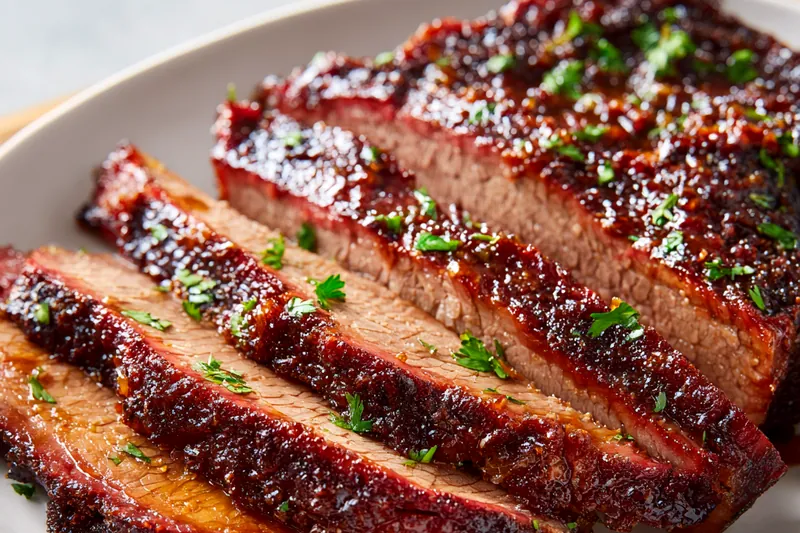 Brisket smoking in offset smoker with perfect thin blue smoke, showing proper bark formation and temperature control