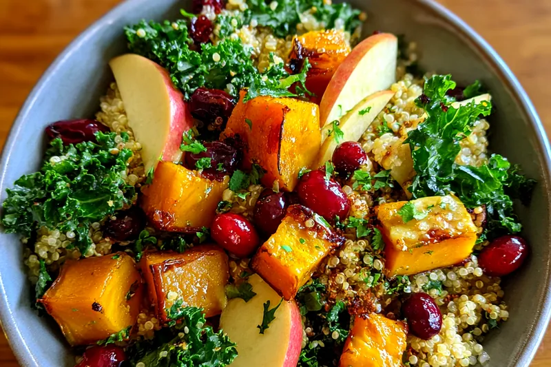 An array of fresh ingredients laid out for the Hearty Autumn Quinoa Bowl, showcasing vibrant colors.