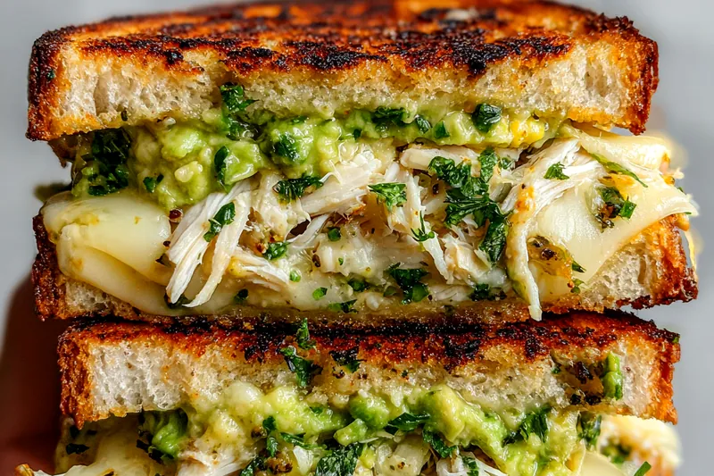 Chef grilling Avocado Chicken Melt Delight on a skillet.