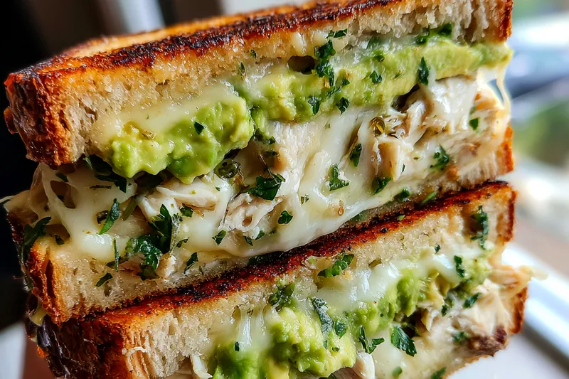 Fresh ingredients for Avocado Chicken Melt Delight including avocado, chicken, and whole-grain bread.
