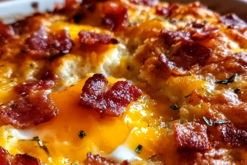 Ingredients for bacon egg cheese bake including raw bacon, eggs, milk, shredded cheeses, and seasonings arranged on a kitchen counter