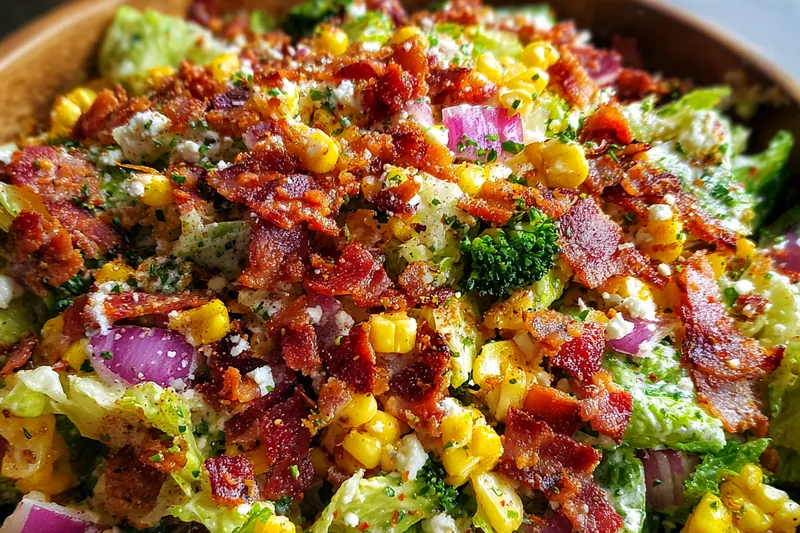 The process of cooking bacon for Savory Bacon Ranch Salad in a skillet.
