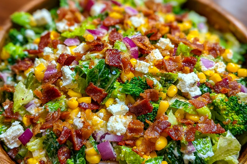 An assortment of ingredients for Savory Bacon Ranch Salad including fresh greens, bacon, and ranch dressing.