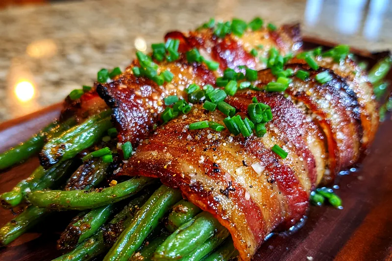 Chef sautéing fresh green beans with crispy bacon in a skillet.