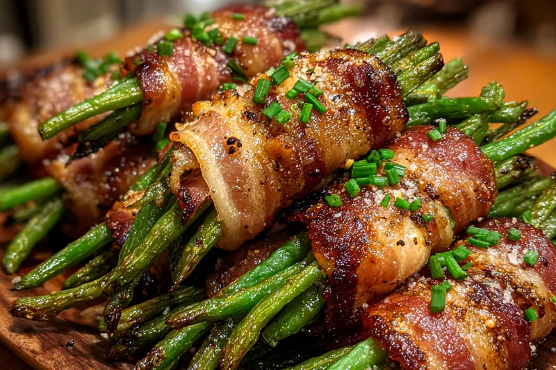 A vibrant assortment of fresh green beans, crispy bacon, and seasoning ingredients ready for the recipe.