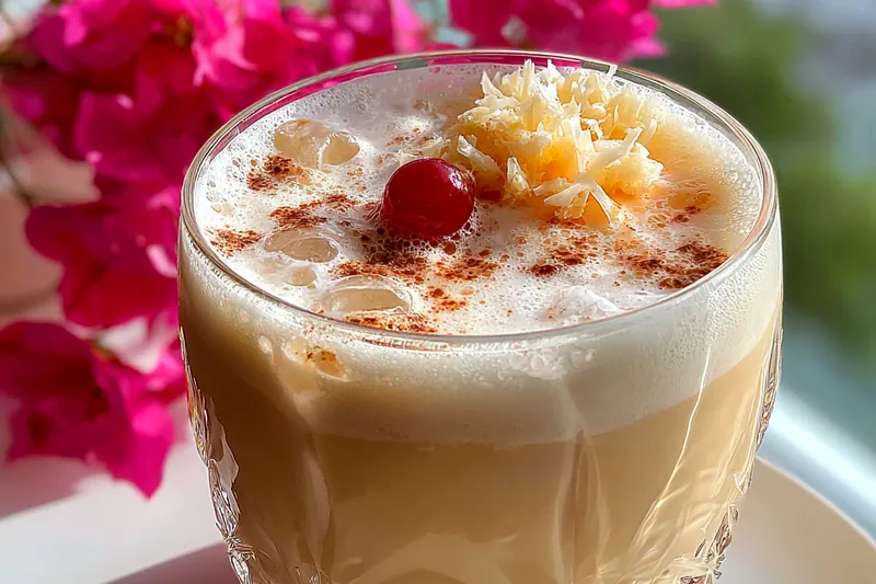 Baileys Colada ingredients including Irish cream, coconut rum, pineapple juice, coconut cream, and tropical garnishes arranged on a bamboo tray