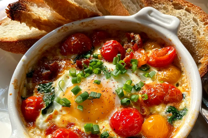 Cooking process for Baked Eggs with Feta and Spinach