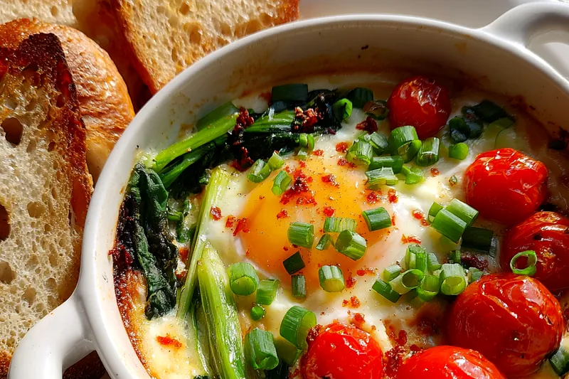 Fresh ingredients for Baked Eggs with Feta and Spinach