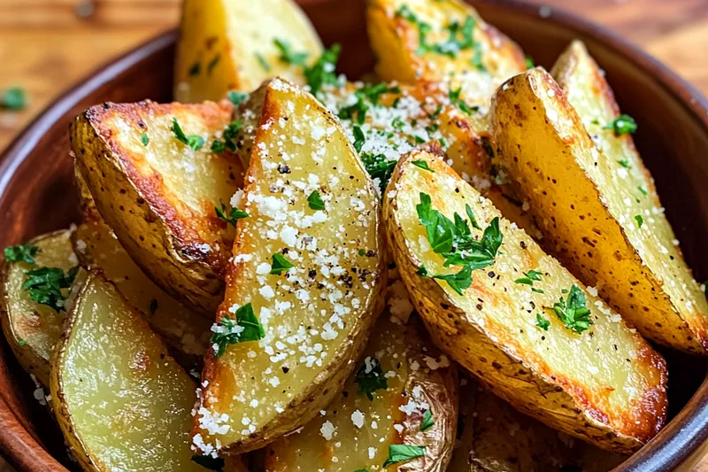 A chef skillfully preparing Garlic Parmesan Wedges Delight, showcasing the cooking process and vibrant ingredients.