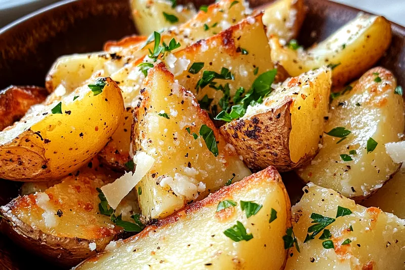 A beautifully arranged display of fresh ingredients for Garlic Parmesan Wedges Delight, including potatoes, garlic, and herbs.