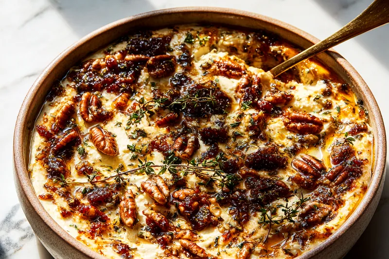 Close-up side view of goat cheese in a small cast iron skillet beginning to bubble around the edges with golden pecans arranged on top, being placed into an oven