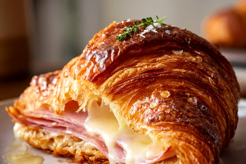 Golden-brown croissants on a baking sheet fresh from the oven, showing cheese bubbling from the sides and a glossy egg wash finish, with a pastry brush nearby