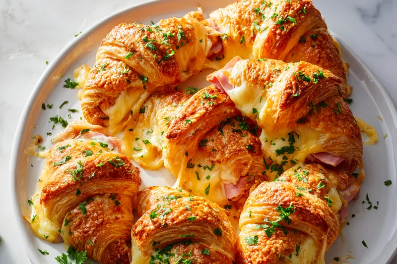 Overhead view of ingredients arranged on a marble surface: unrolled croissant dough triangles, fanned deli ham slices, stacked cheese slices, small bowls of egg wash, Dijon mustard, melted butter, and fresh herbs