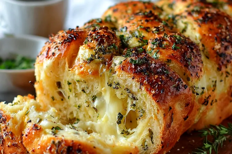 Italian herb and cheese bread loaf baking in the oven showing golden-brown top with herbs visible through the crust, steam escaping from the oven
