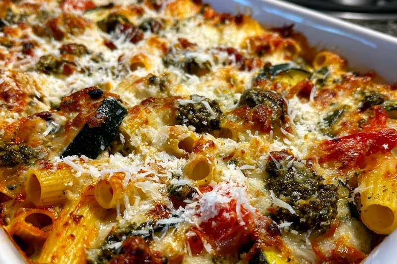 Chef stirring the Mediterranean vegetable sauce before combining with pasta for baking