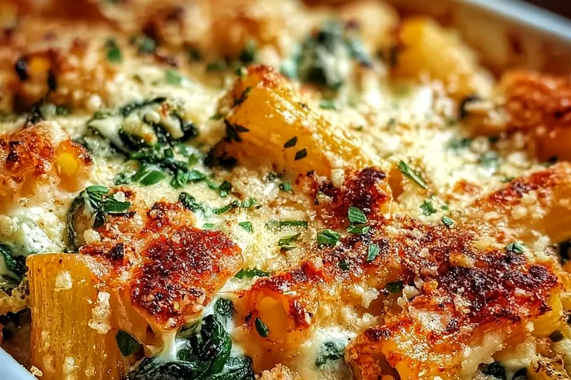 Baked rigatoni with golden melted cheese and vibrant green spinach bubbling in a ceramic baking dish fresh from the oven