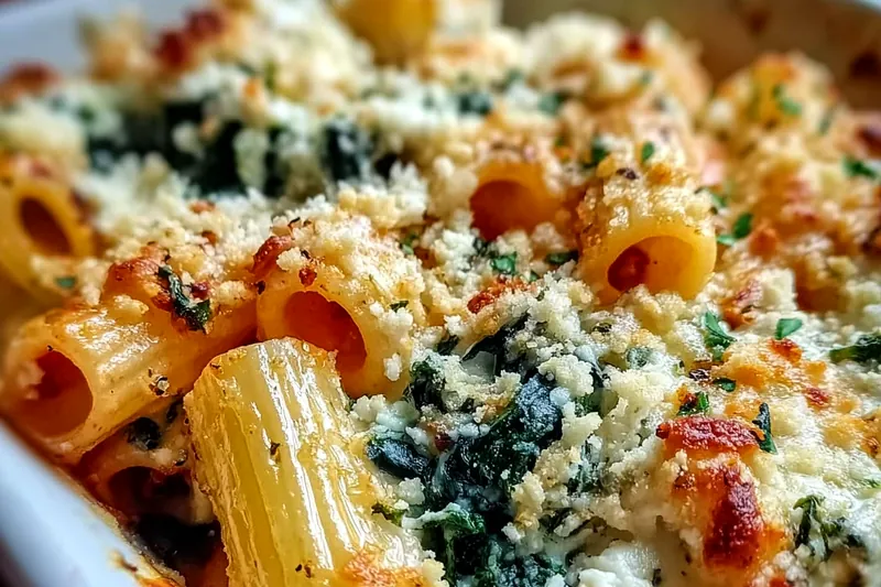Fresh ingredients for baked rigatoni including raw pasta, creamy ricotta cheese, fresh spinach, marinara sauce, and Italian cheeses arranged on a marble countertop