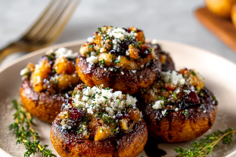 Step-by-step cooking process showing hands stuffing mushroom caps with walnut-feta mixture on a parchment-lined baking sheet, with a small saucepan of dark balsamic glaze reducing on the stovetop in the background