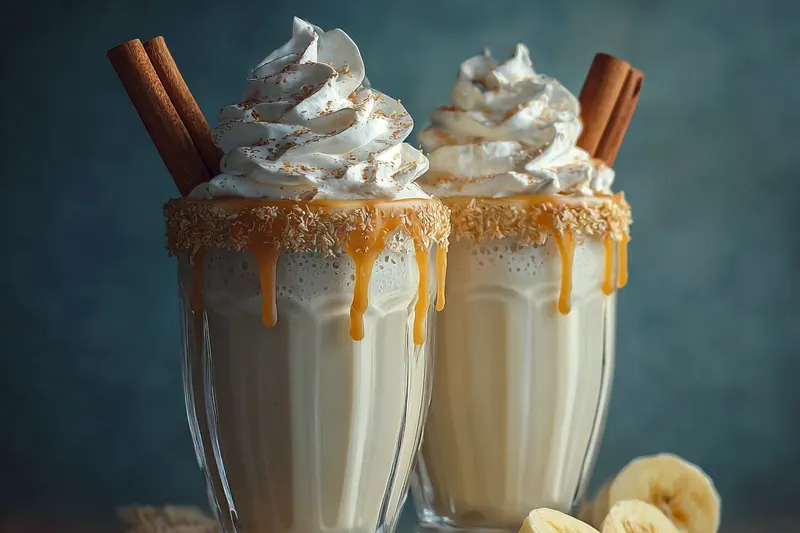 Step-by-step process showing ingredients being added to a blender, then the blending process, and finally the finished creamy banana milkshake being poured into glasses