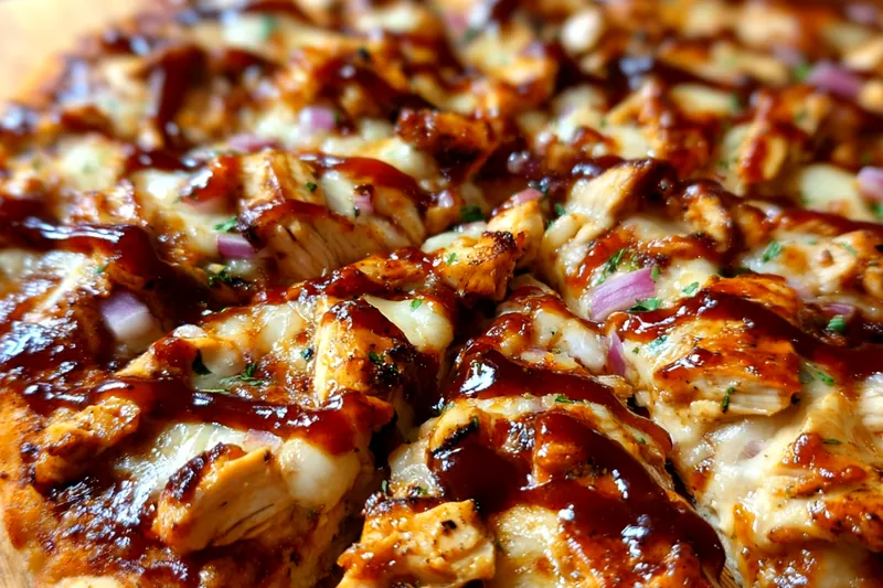 BBQ chicken pizza baking in the oven with golden melted cheese and caramelized edges, showing perfect browning and bubbling