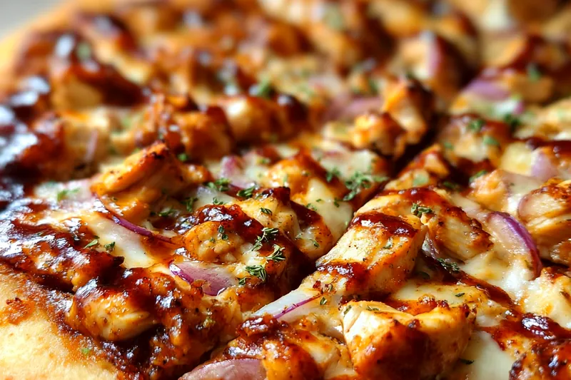 BBQ chicken pizza ingredients including pizza dough, grilled chicken, barbecue sauce, cheese, and red onions arranged on a wooden cutting board
