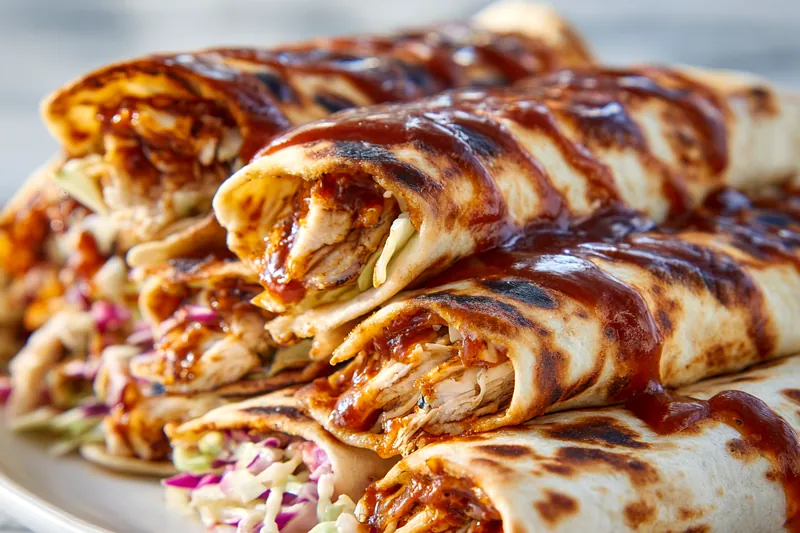 Action shot of golden-brown shredded chicken being tossed with glossy BBQ sauce in a black cast iron skillet, steam rising, with a wooden spoon mixing the ingredients