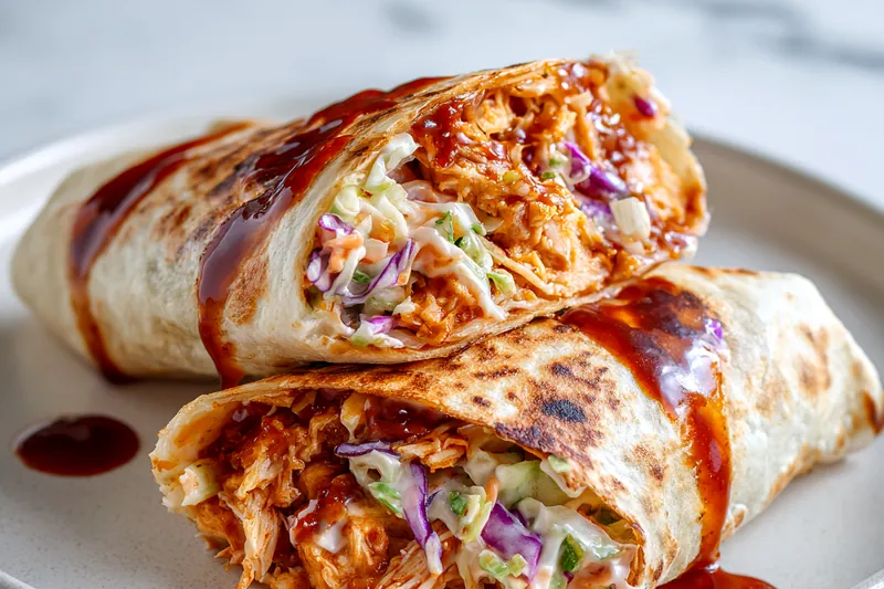 Overhead view of measured ingredients arranged on a white marble counter: raw chicken breasts, a bowl of purple and green cabbage mix, shredded carrots, bottle of BBQ sauce, tortillas, mayonnaise, and small bowls of spices