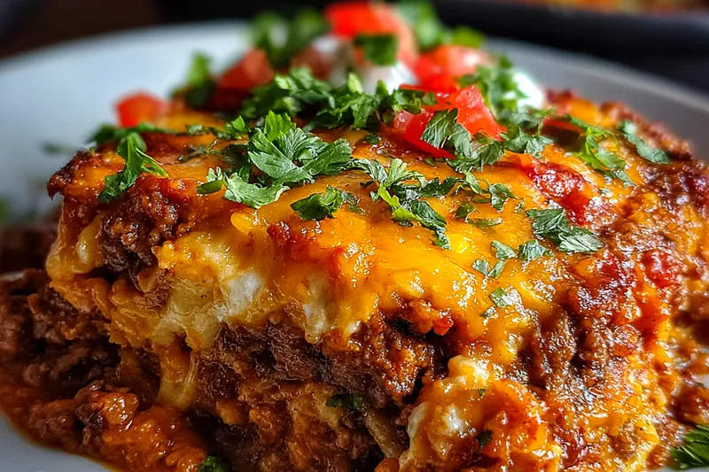 Ingredients for beef enchilada casserole including ground beef, corn tortillas, enchilada sauce, cheese, and vegetables arranged on a wooden surface