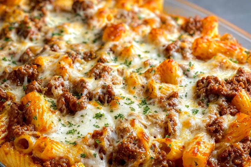 Beef rigatoni cheese bake bubbling in the oven with golden melted cheese on top, showing the perfect baked texture