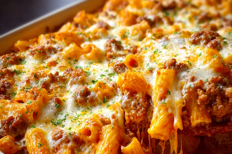 Ingredients for beef rigatoni cheese bake including raw rigatoni pasta, ground beef, marinara sauce, and various cheeses arranged on a marble counter