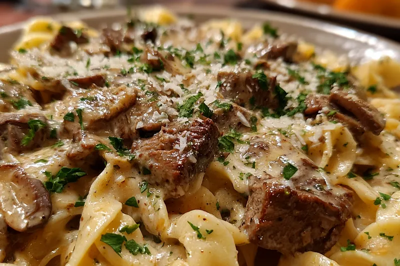 Cooking Beef Stroganoff in Alfredo Sauce